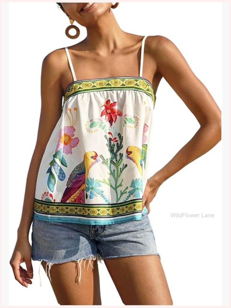 Women's Tropical Floral Print Cami Top Boho Summer Spaghetti Strap Camisole